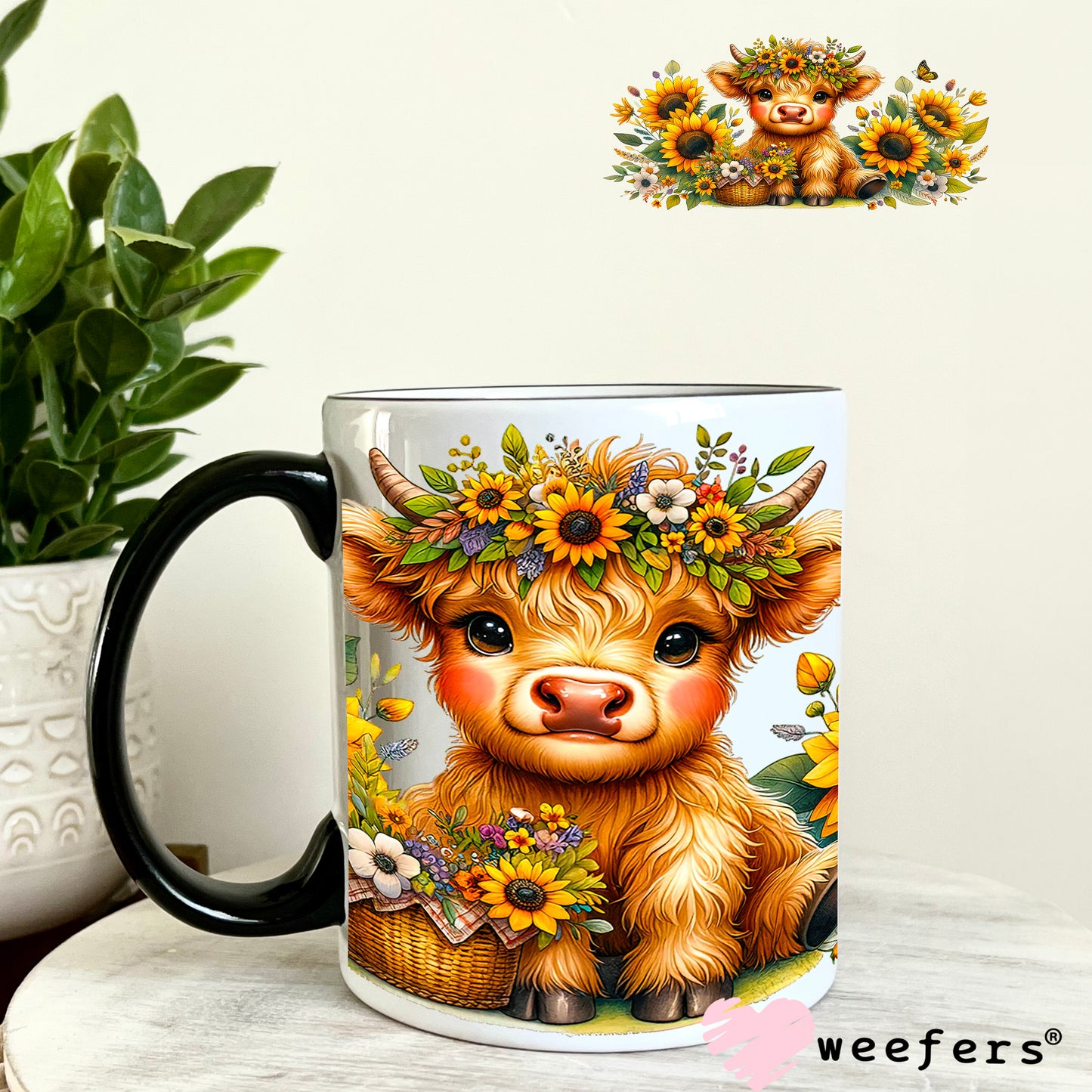 Sunflower Baby Highlander Cow Western UV DTF Cup Wrap 11oz Coffee Mug Weefers