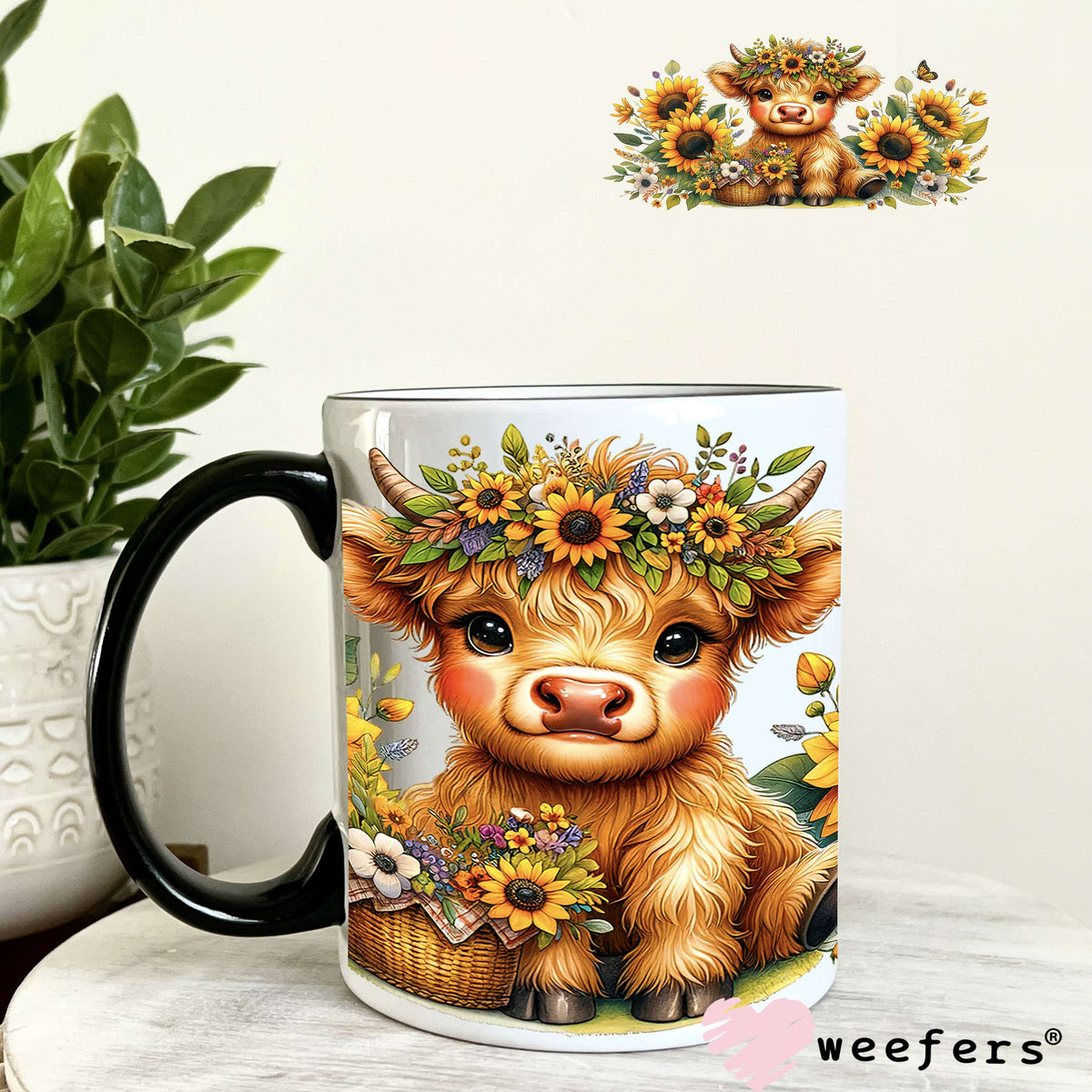 Sunflower Baby Highlander Cow Western UV DTF Cup Wrap 11oz Coffee Mug Weefers