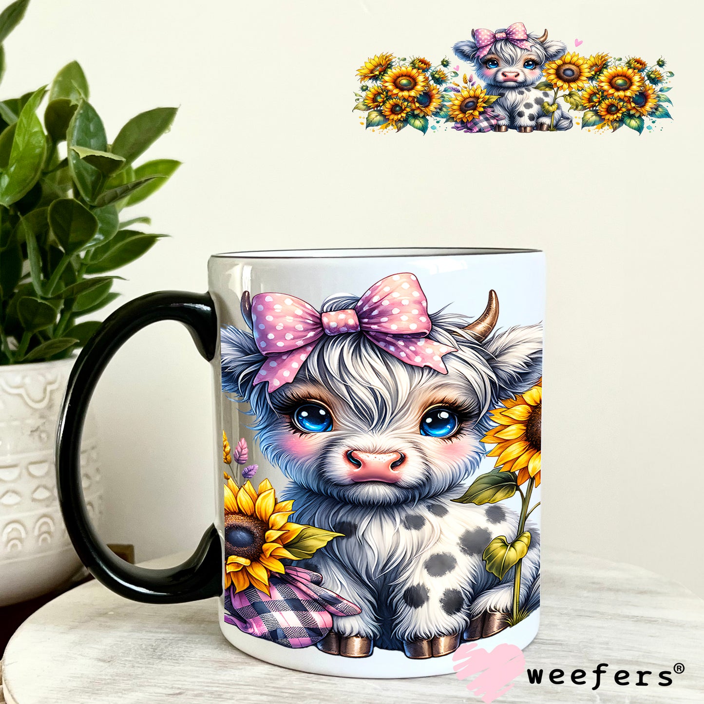 Sunflower Baby Pink Black Highlander Cow Western UV DTF Cup Wrap 11oz Coffee Mug Weefers