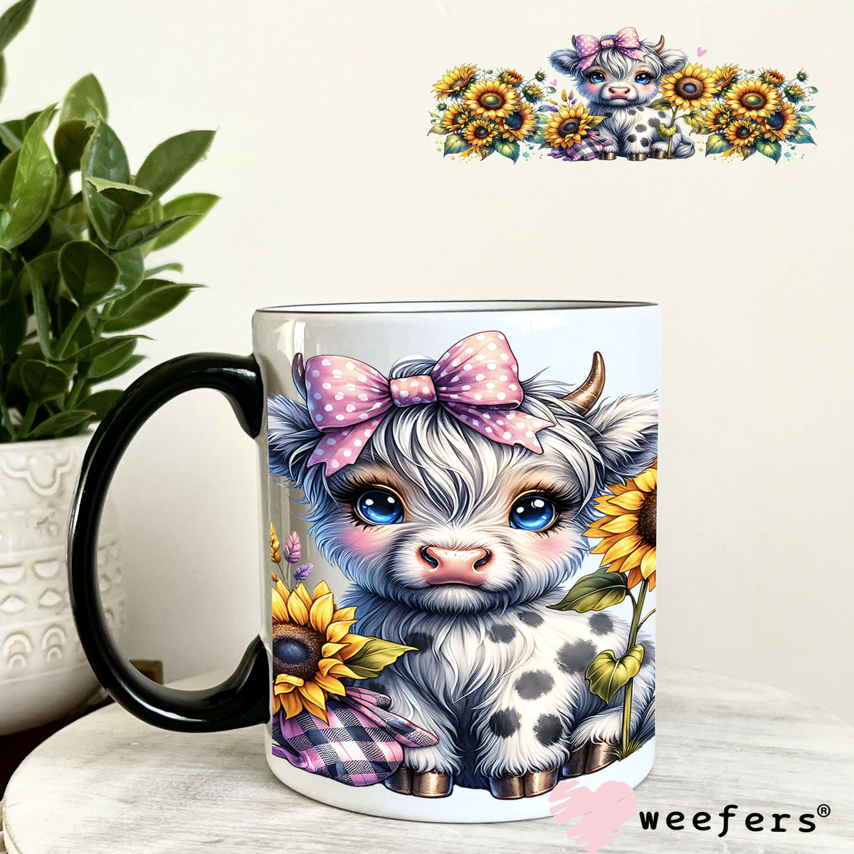 Sunflower Baby Pink Black Highlander Cow Western UV DTF Cup Wrap 11oz Coffee Mug Weefers