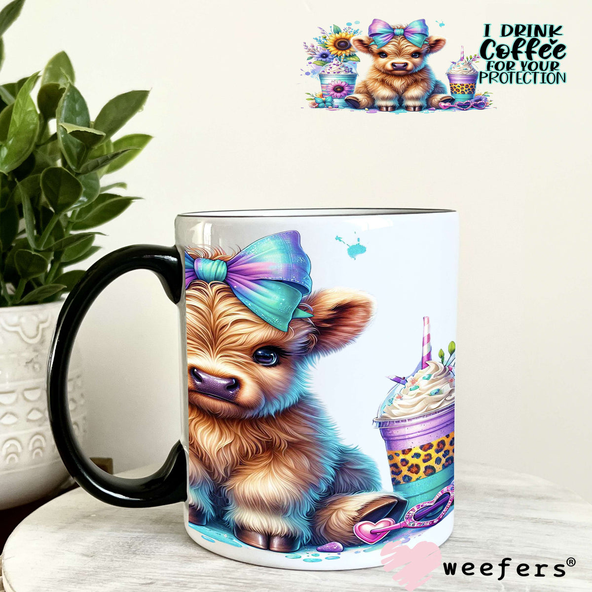 I Drink Coffee for Your Protection Highlander Cows Western UV DTF Cup Wrap 11oz Coffee Mug Weefers