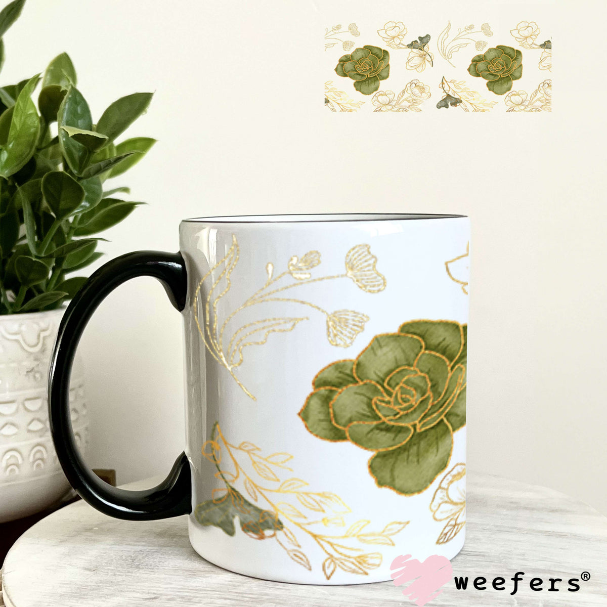 UV DTF Cup Wrap – Gold and Green Roses 11oz Coffee Mug Weefers