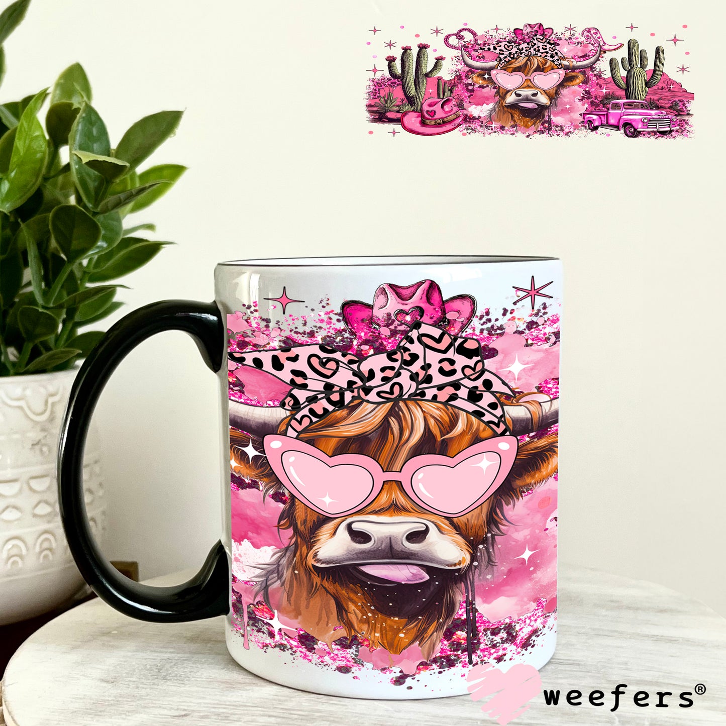 Bougie Pink Highlander Cow UV DTF Cup Wrap 11oz Coffee Mug Weefers