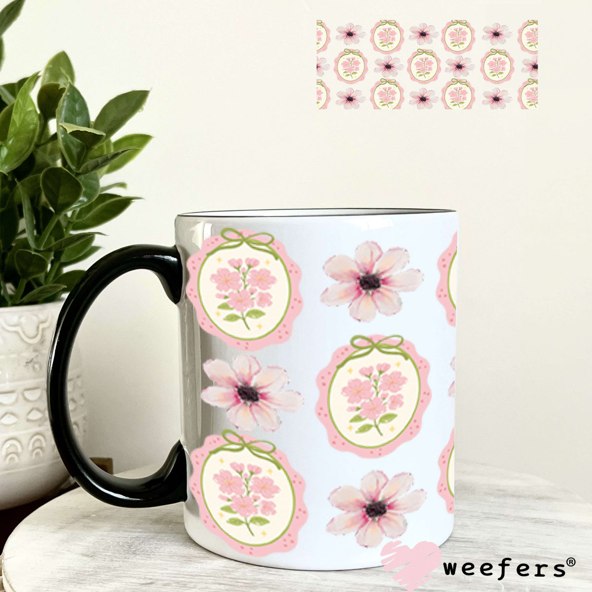 UV DTF Cup Wrap – Classic Elegance Pink Flowers 11oz Coffee Mug Weefers