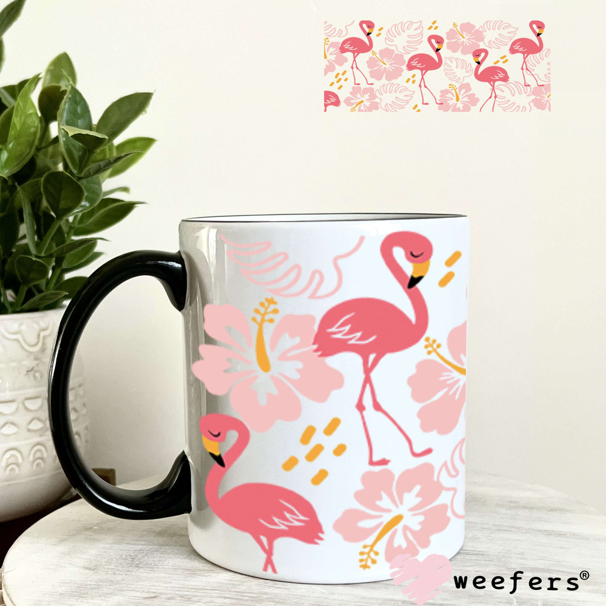 UV DTF Cup Wrap – Flamingos and Monsteras 11oz Coffee Mug Weefers
