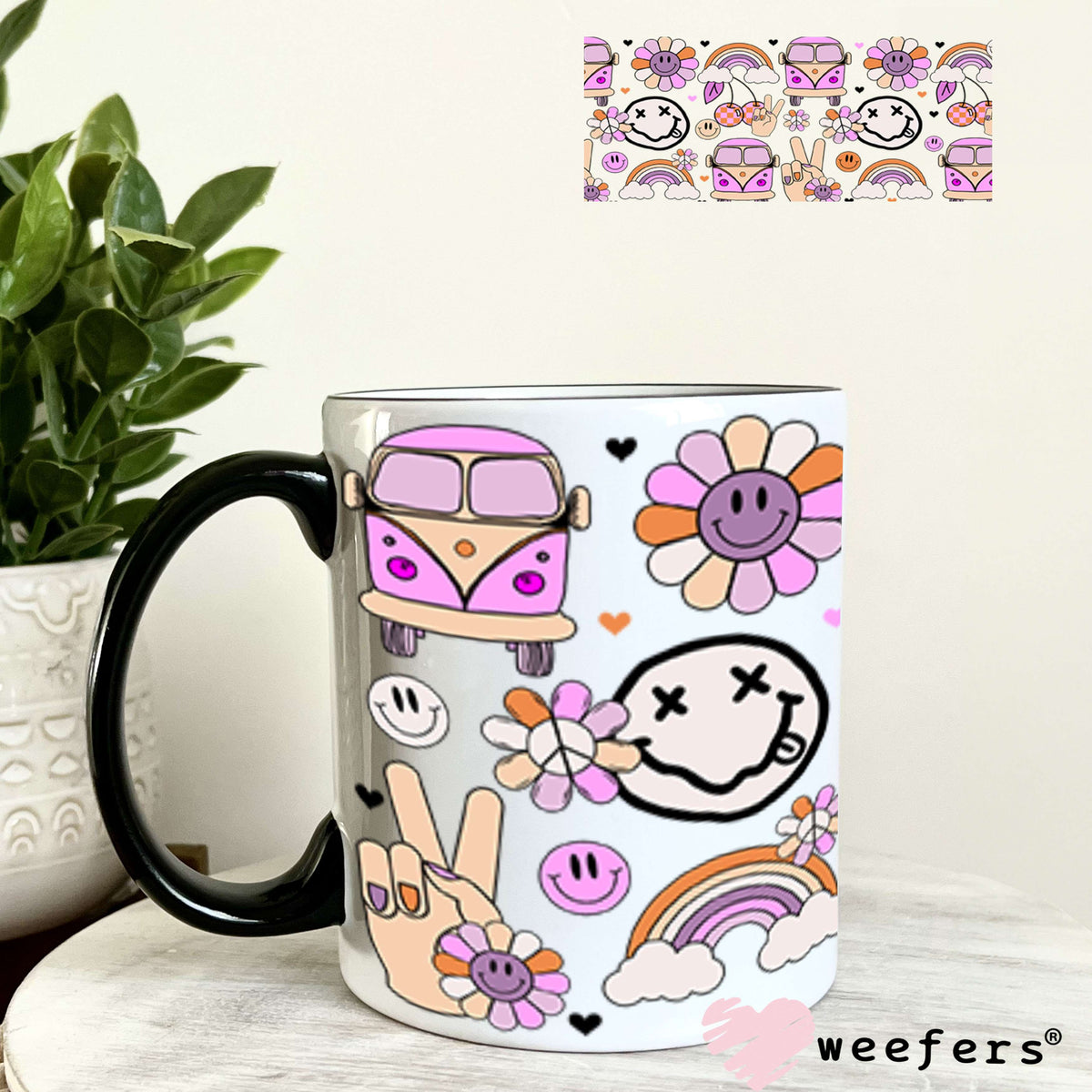 UV DTF Cup Wrap – Retro Bus and Rainbows 11oz Coffee Mug Weefers