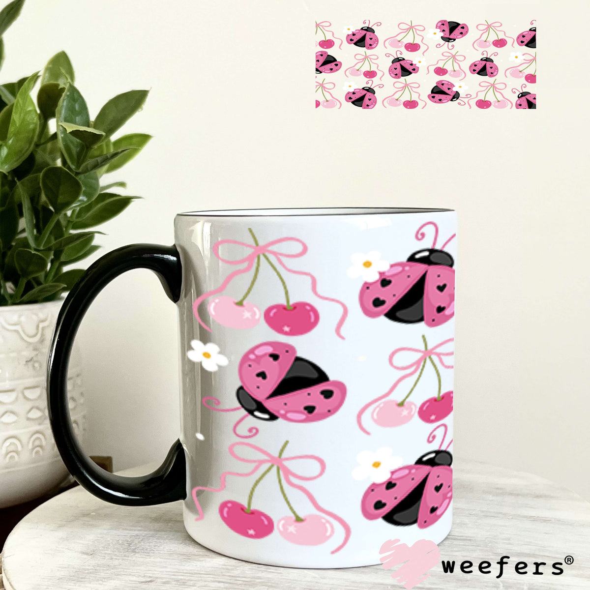 UV DTF Cup Wrap – Pink Ladybugs 11oz Coffee Mug Weefers