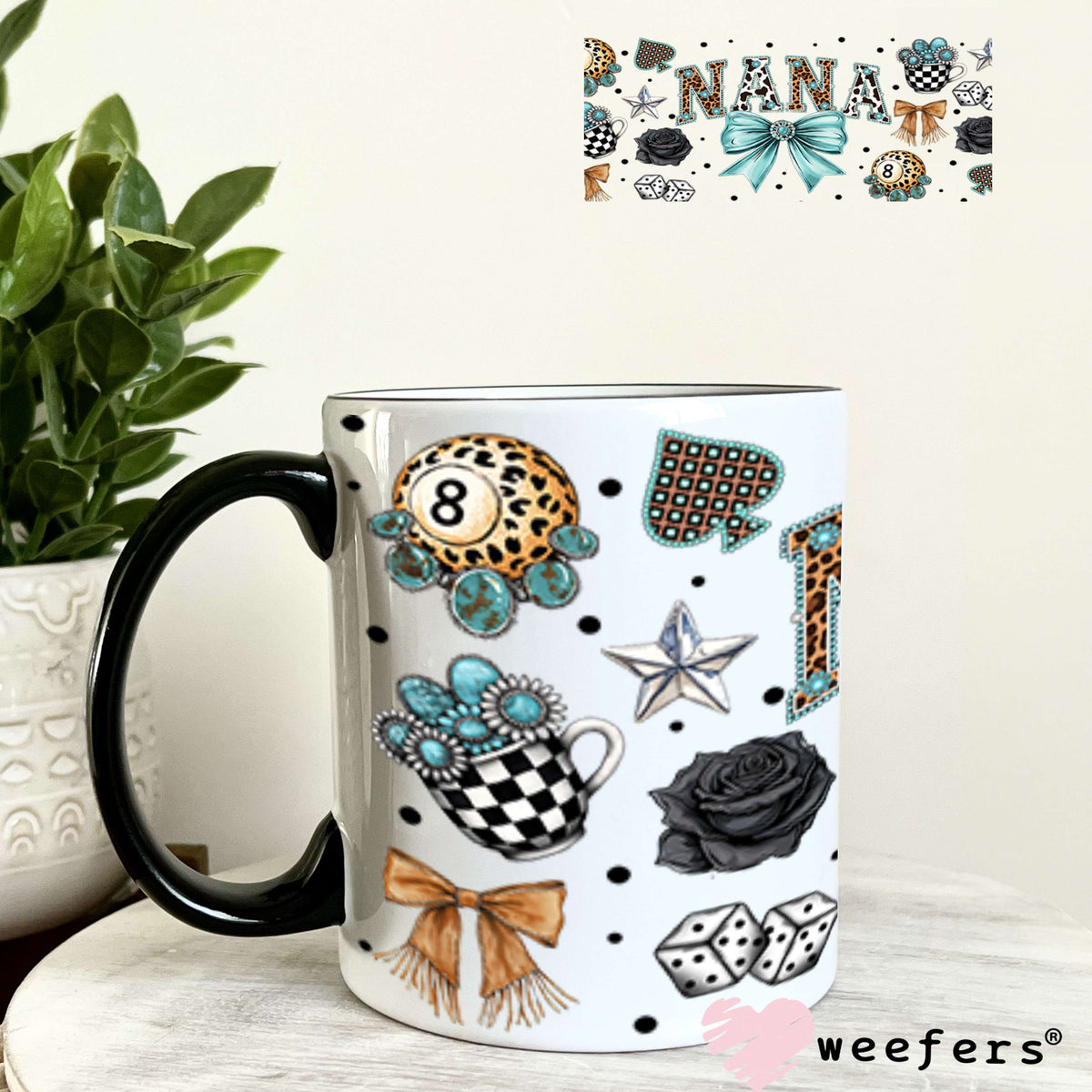 UV DTF Cup Wrap – Nana Western Teal Bow - Weefers Exclusive 11oz Coffee Mug Cup Wrap Weefers