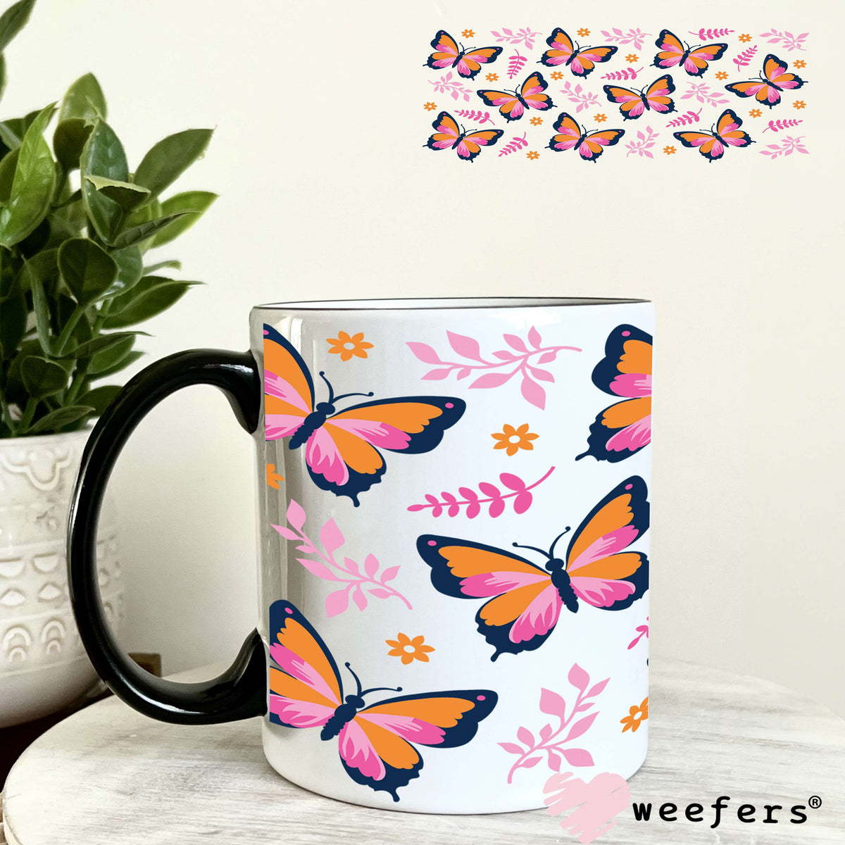 Blue Orange and Pink Butterflies UV DTF Cup Wrap 11oz Coffee Mug Weefers