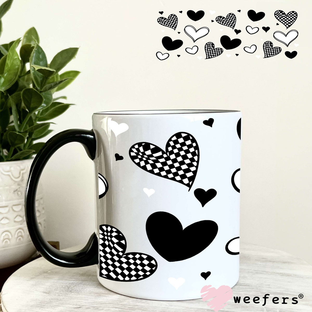 Black and White Checkered Hearts UV DTF Cup Wrap 11oz Coffee Mug Weefers