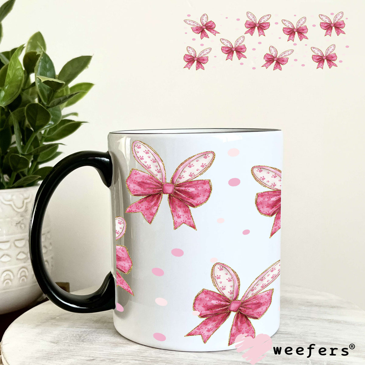 Easter Bunny Ears Coquette Pink Bows UV DTF Cup Wrap 11oz Coffee Mug Weefers