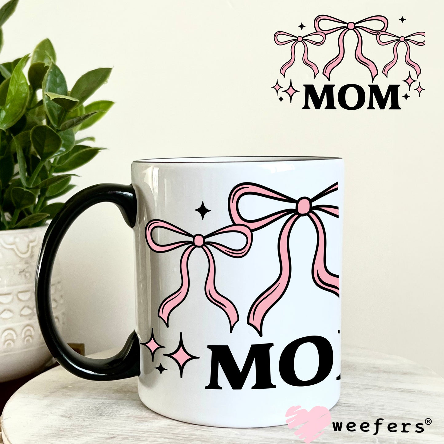 Mom Coquette Pink Bows UV DTF Decal 11oz Coffee Mug Weefers