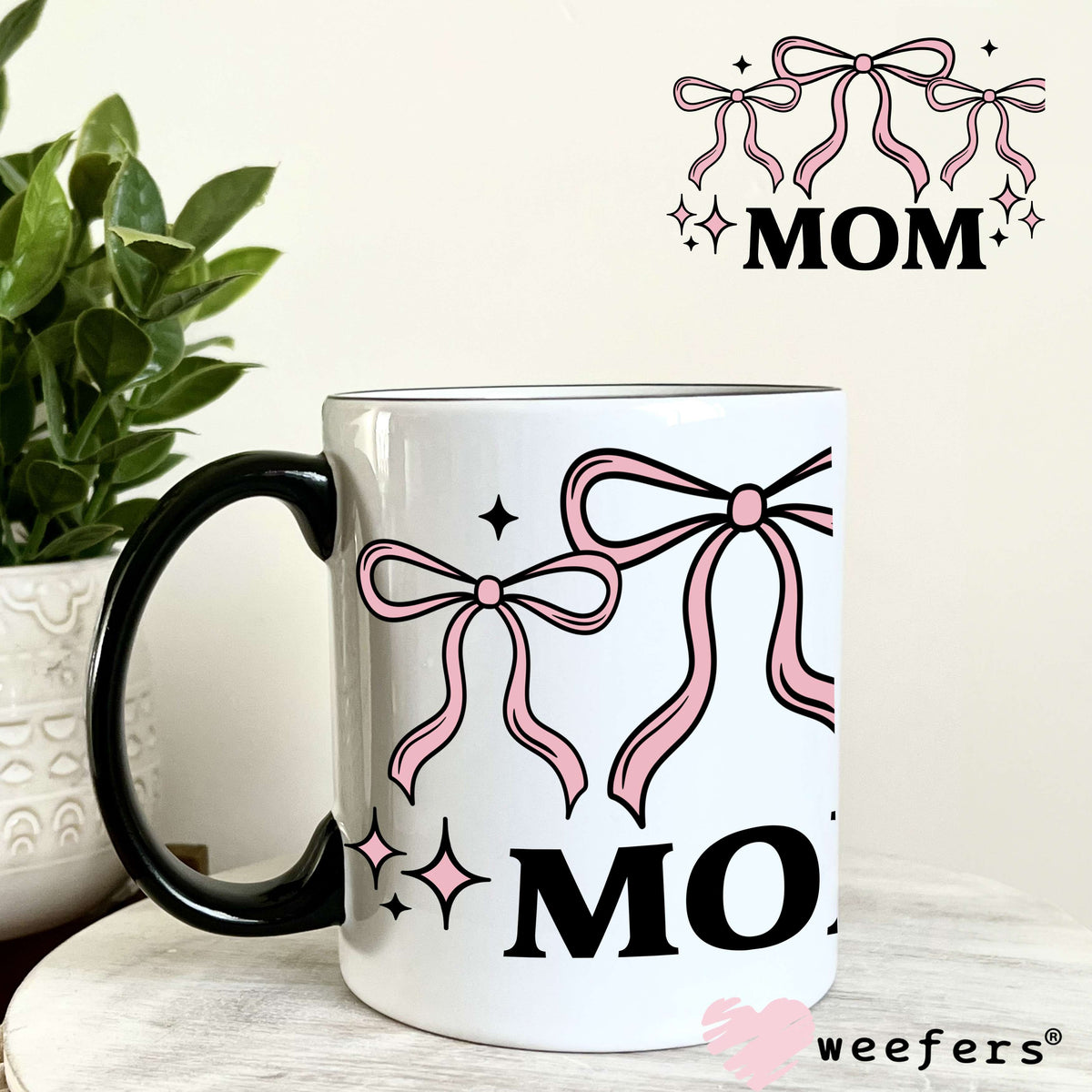 Mom Coquette Pink Bows UV DTF Decal 11oz Coffee Mug Weefers