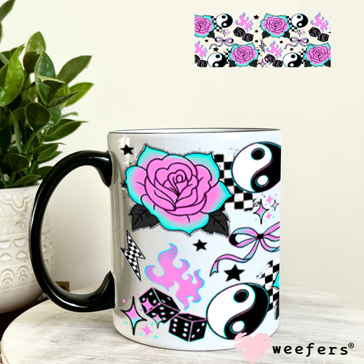 UV DTF Cup Wraps - Ying Yang Purple Teal Roses 11oz Coffee Mug Weefers
