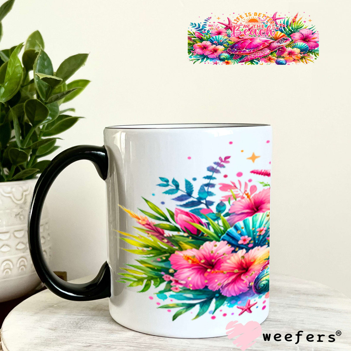 UV DTF Cup Wraps - Life is Better at the Beach Orange Pink 11oz Coffee Mug Weefers