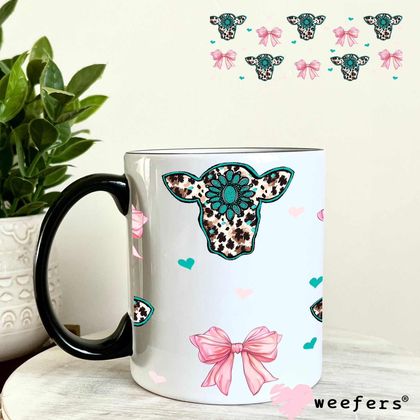 Turquoise Cow Heads and Pink Bows UV DTF Cup Wrap 11oz Coffee Mug Weefers
