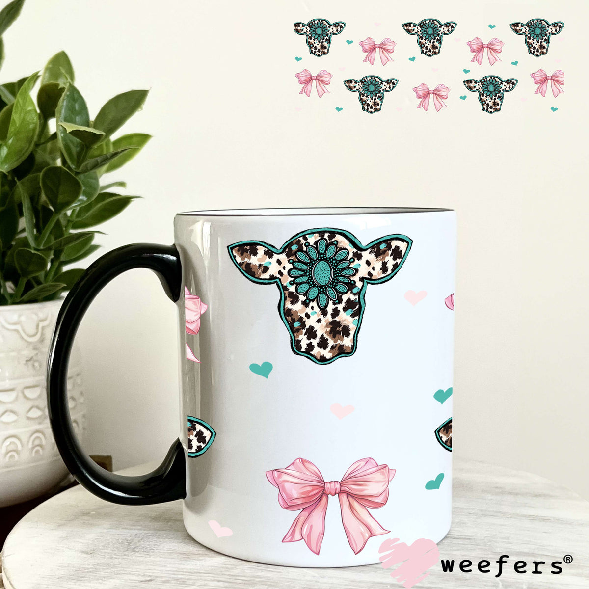 Turquoise Cow Heads and Pink Bows UV DTF Cup Wrap 11oz Coffee Mug Weefers