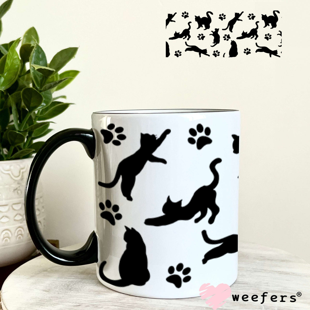 UV DTF Cup Wraps - Black Playful Cats 11oz Coffee Mug Weefers