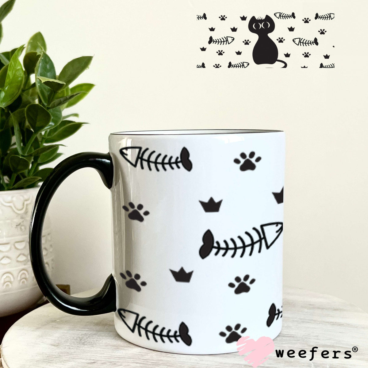 UV DTF Cup Wraps - Black Cat Fish Bones 11oz Coffee Mug Weefers
