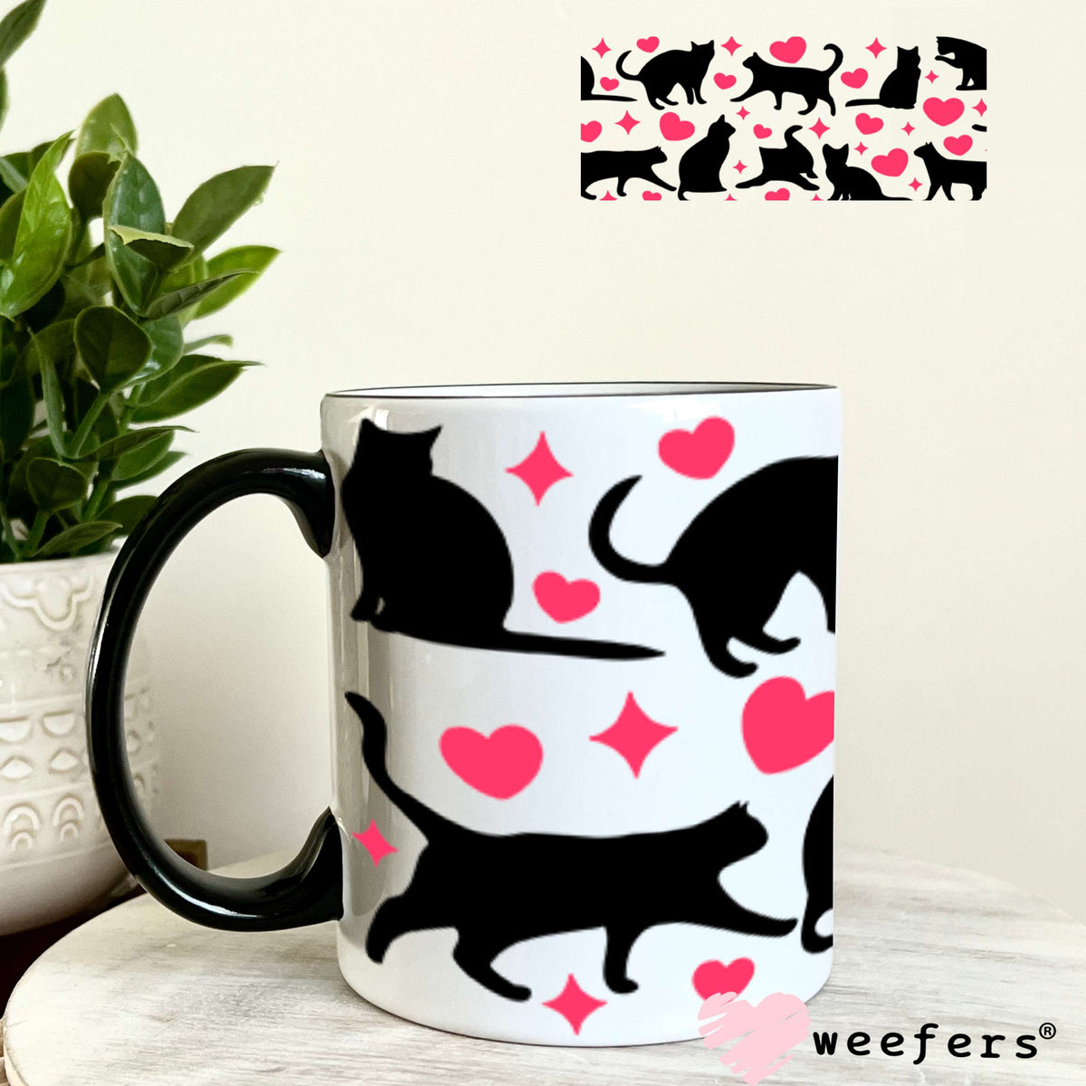 UV DTF Cup Wraps - Playful Black Cats and Hearts 11oz Coffee Mug Weefers