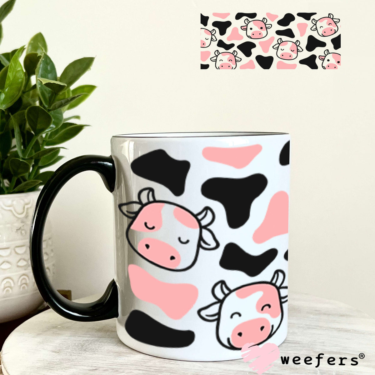 UV DTF Cup Wraps - Pink and Black Cows 11oz Coffee Mug Weefers