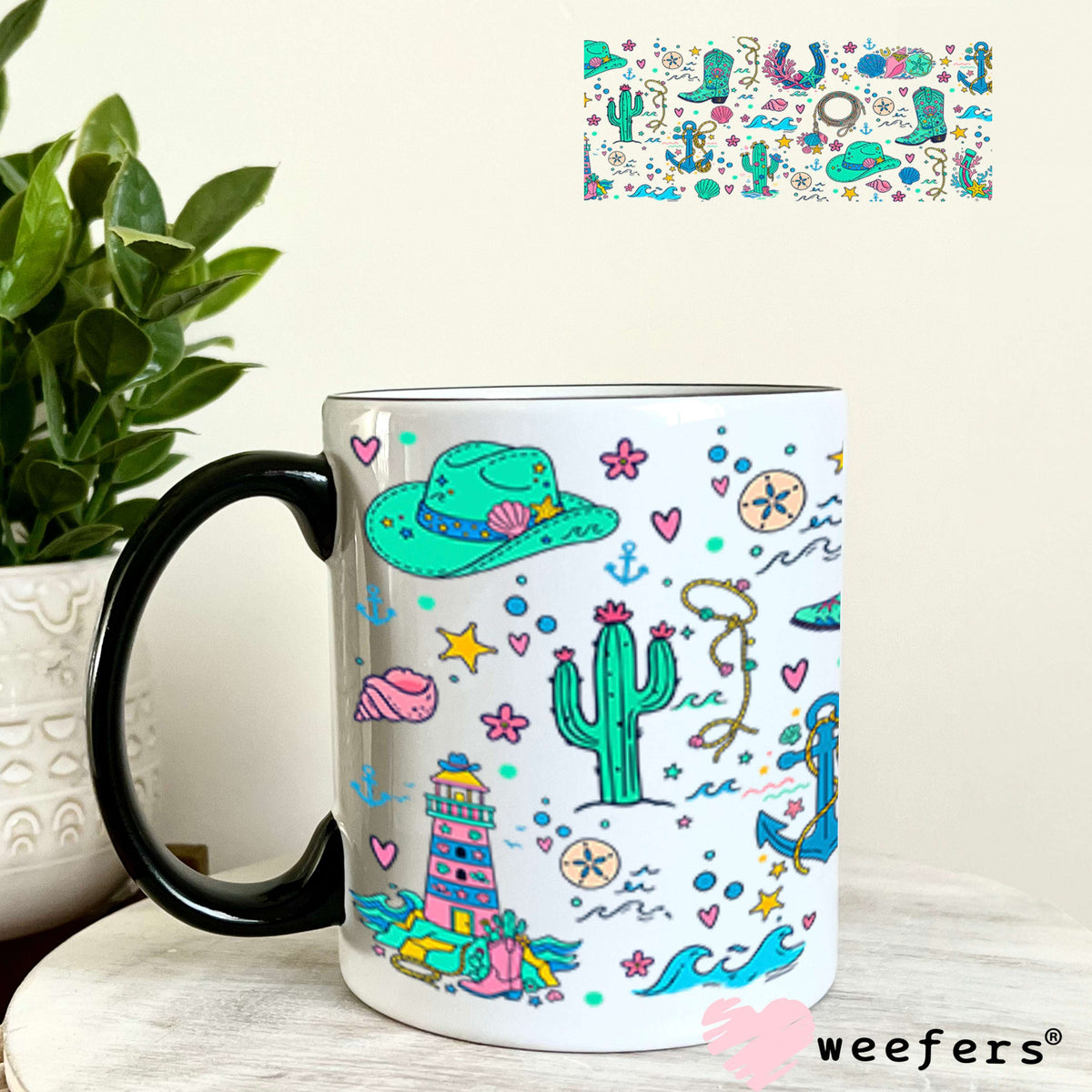 UV DTF Cup Wraps - Western Teal Cowboy hats and Boots 11oz Coffee Mug Weefers