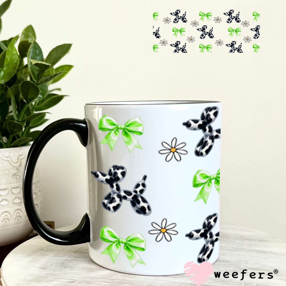 UV DTF Cup Wraps - Cow Print Balloon Dog Green Bows 11oz Coffee Mug Weefers