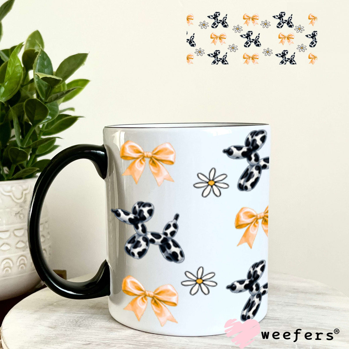 UV DTF Cup Wraps - Cow Print Balloon Dog Orange Bows 11oz Coffee Mug Weefers