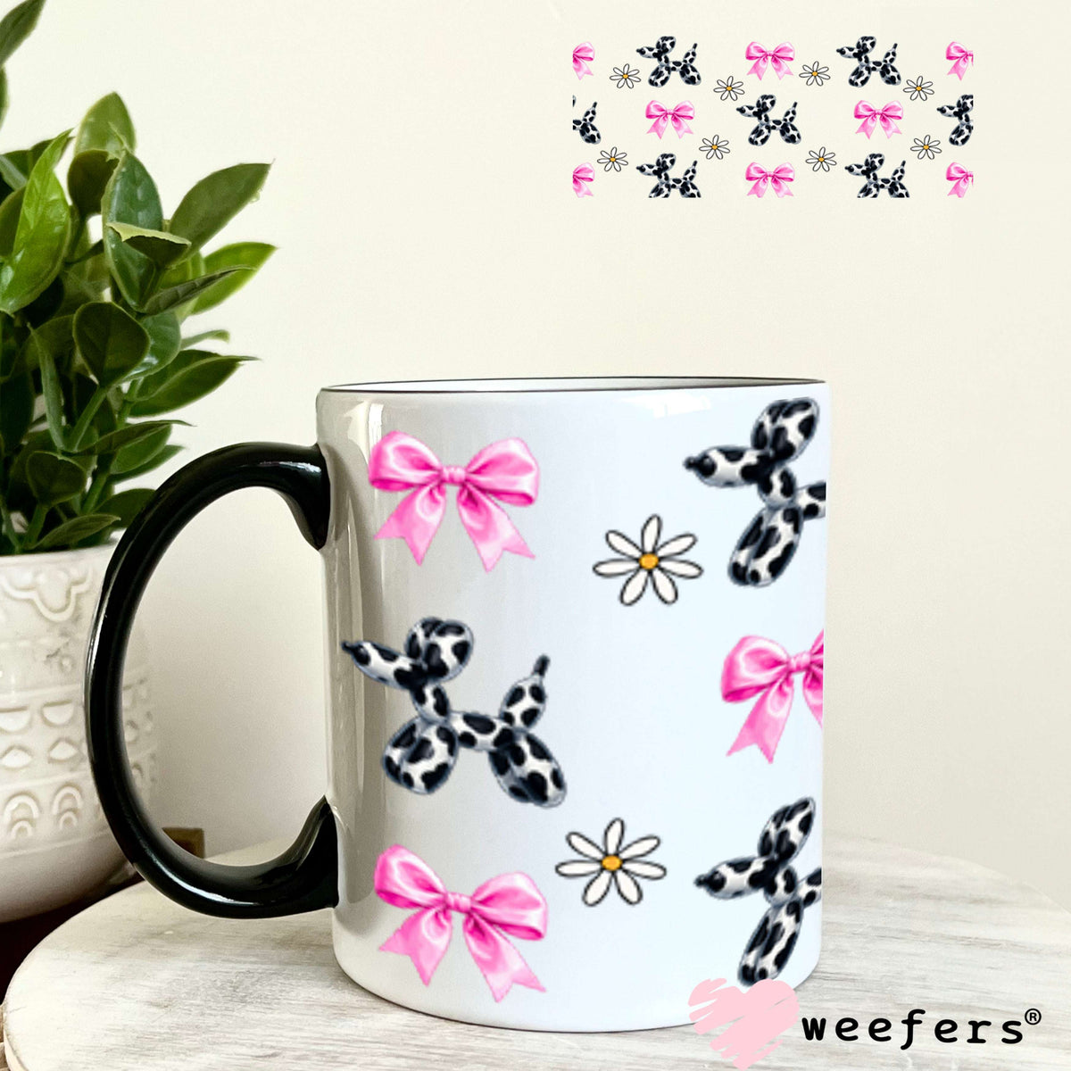 UV DTF Cup Wraps - Cow Print Balloon Dog Pink Bows 11oz Coffee Mug Weefers