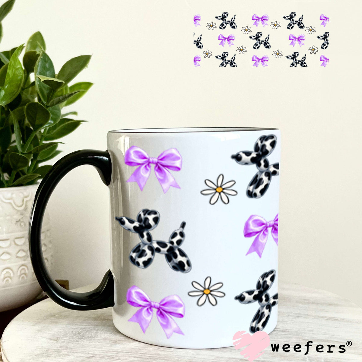 UV DTF Cup Wraps - Cow Print Balloon Dog Purple Bows 11oz Coffee Mug Weefers