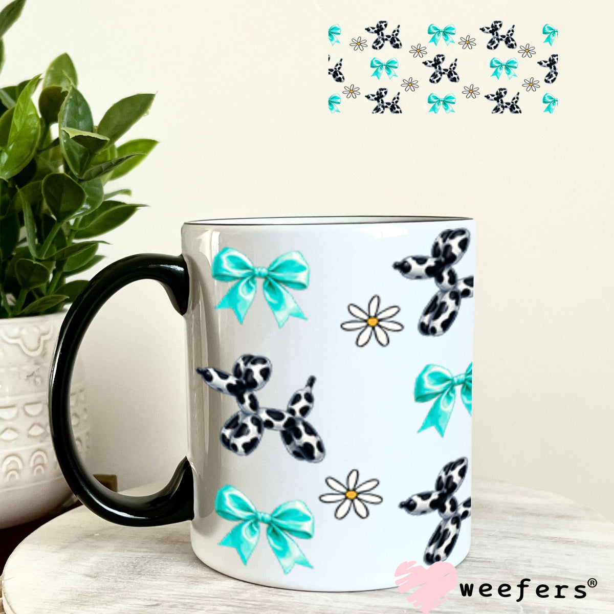 UV DTF Cup Wraps - Cow Print Balloon Dog Teal Bows 11oz Coffee Mug Weefers