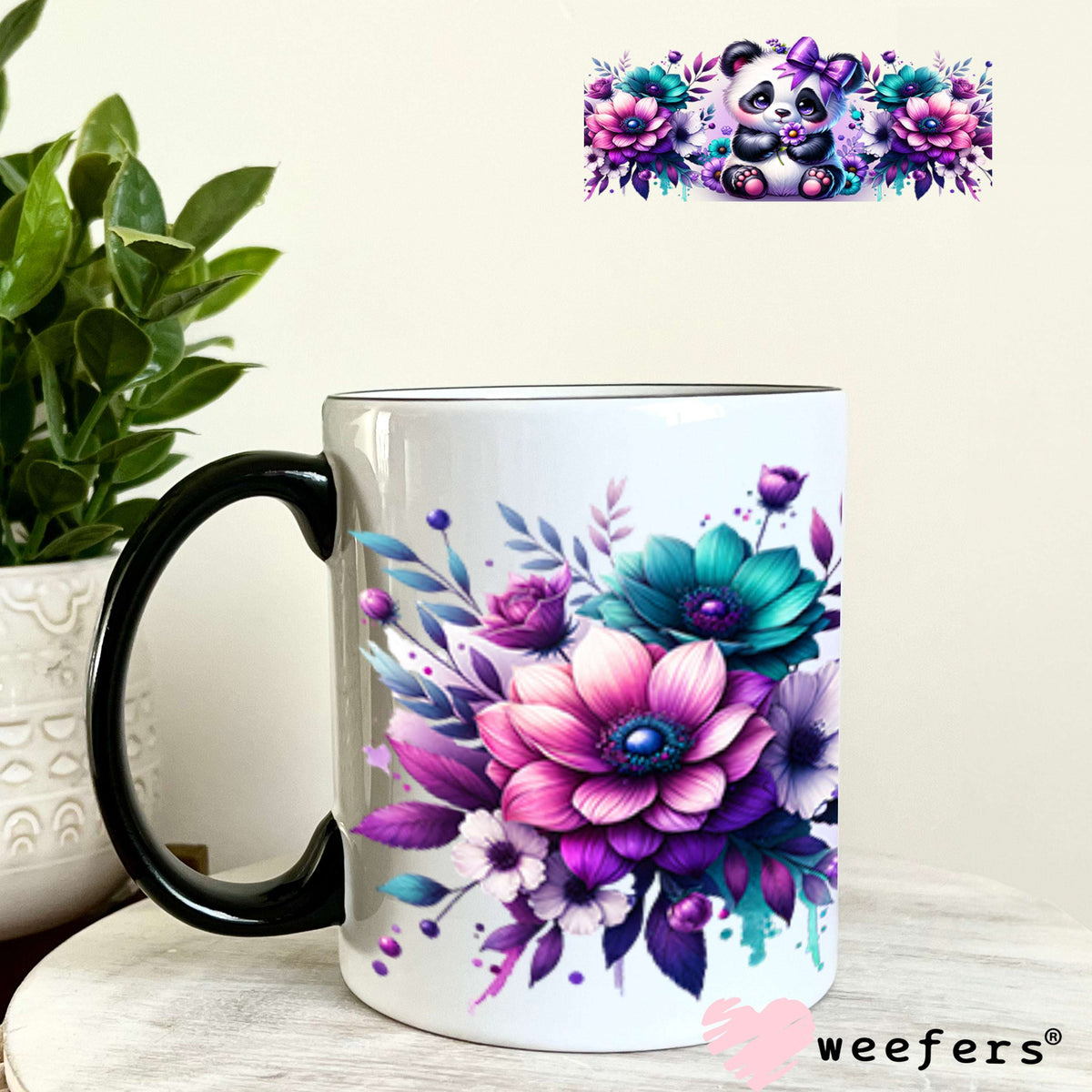 UV DTF Cup Wraps - Baby Panda Purple Flowers 11oz Coffee Mug Weefers