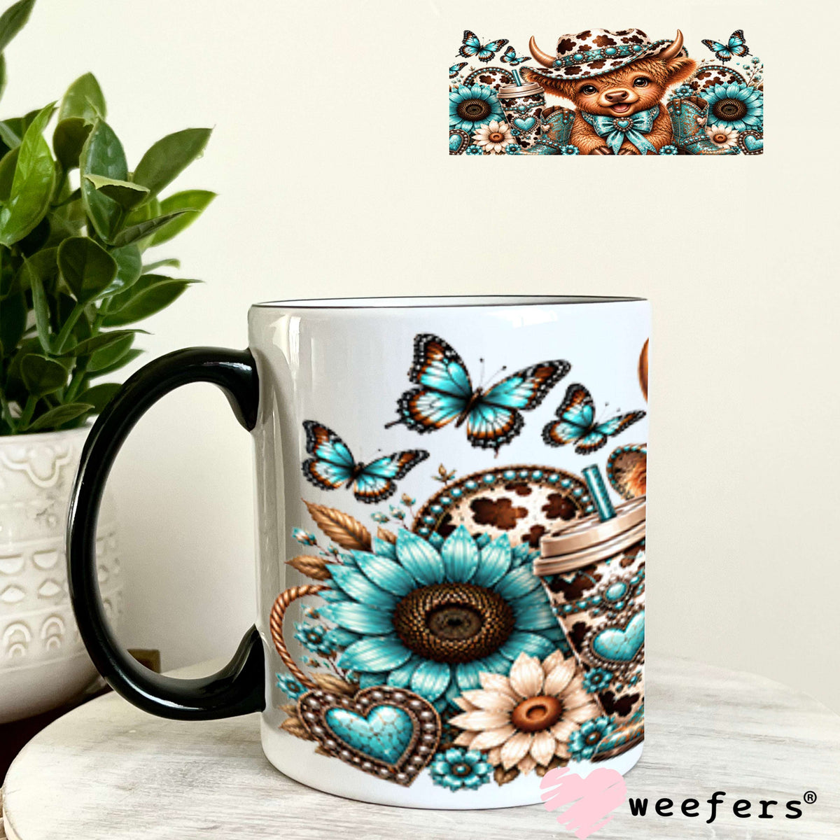 UV DTF Cup Wraps - Western Teal Cow 11oz Coffee Mug Weefers