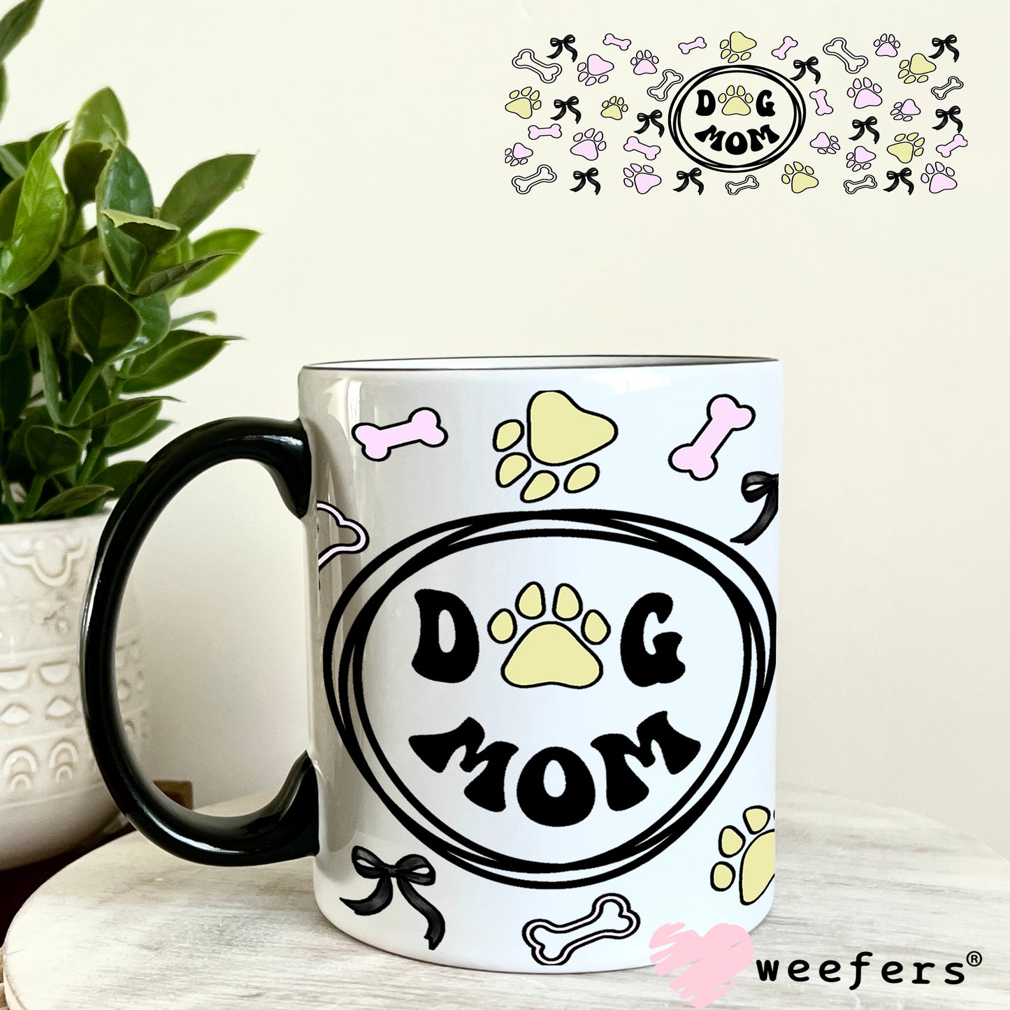 Dog Mom Purple Green Bows UV DTF Cup Wrap 11oz Coffee Mug Weefers