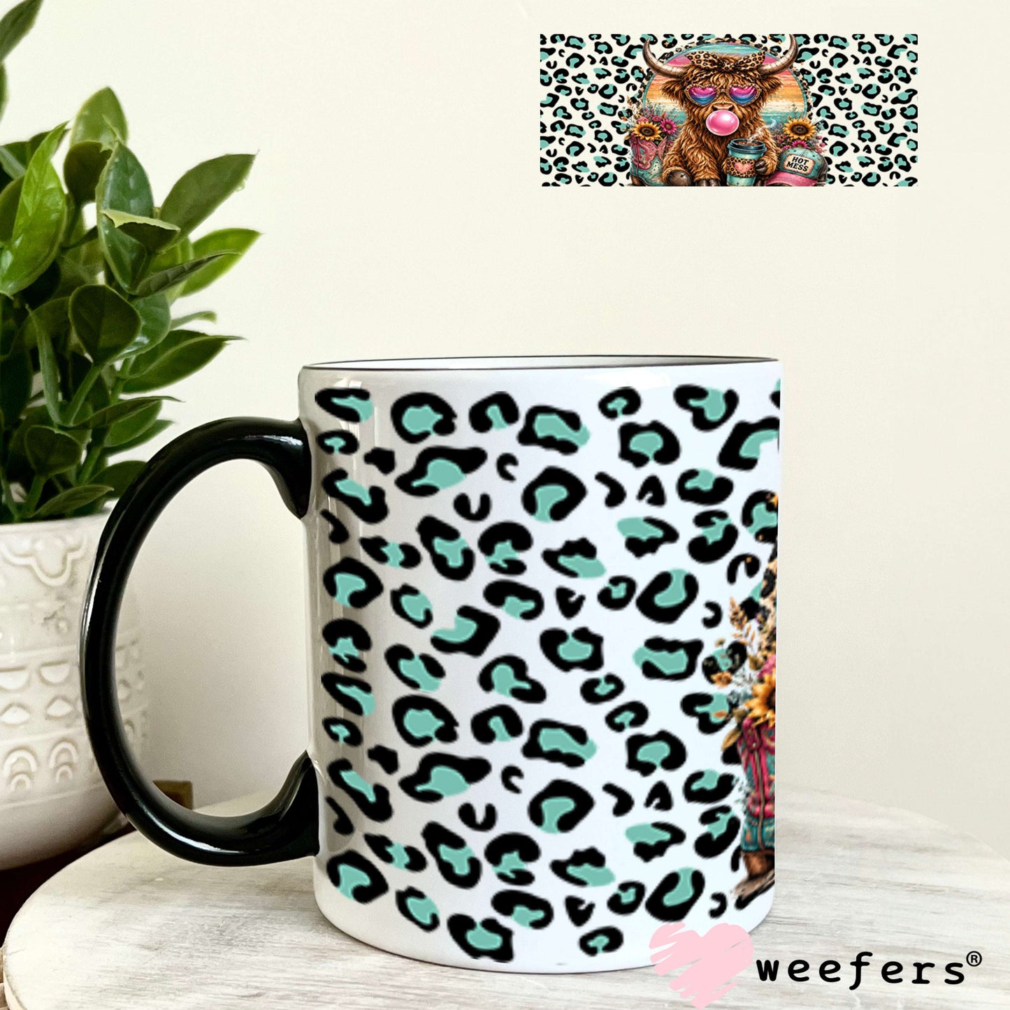 UV DTF Cup Wraps - Hot Mess Mint Pink Leopard Cow - Weefers® Exclusive 11oz Coffee Mug Weefers