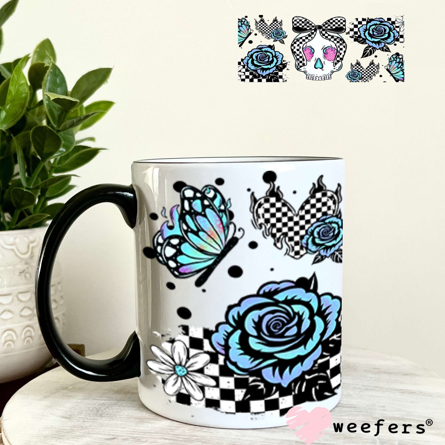 UV DTF Cup Wraps - Blue Skull Roses 11oz Coffee Mug Weefers