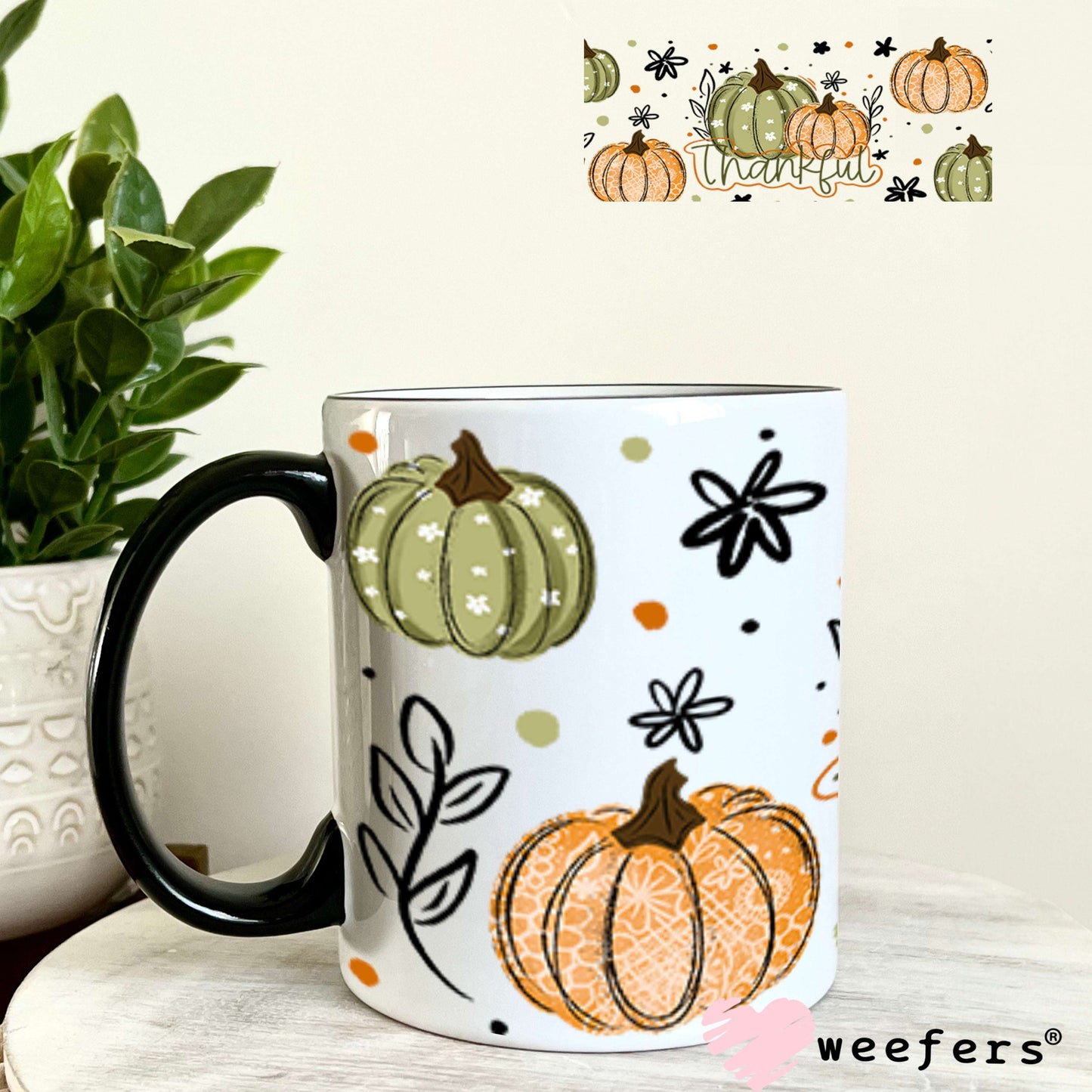 UV DTF Cup Wraps - Thankful Green Orange Pumpkins 11oz Coffee Mug Weefers