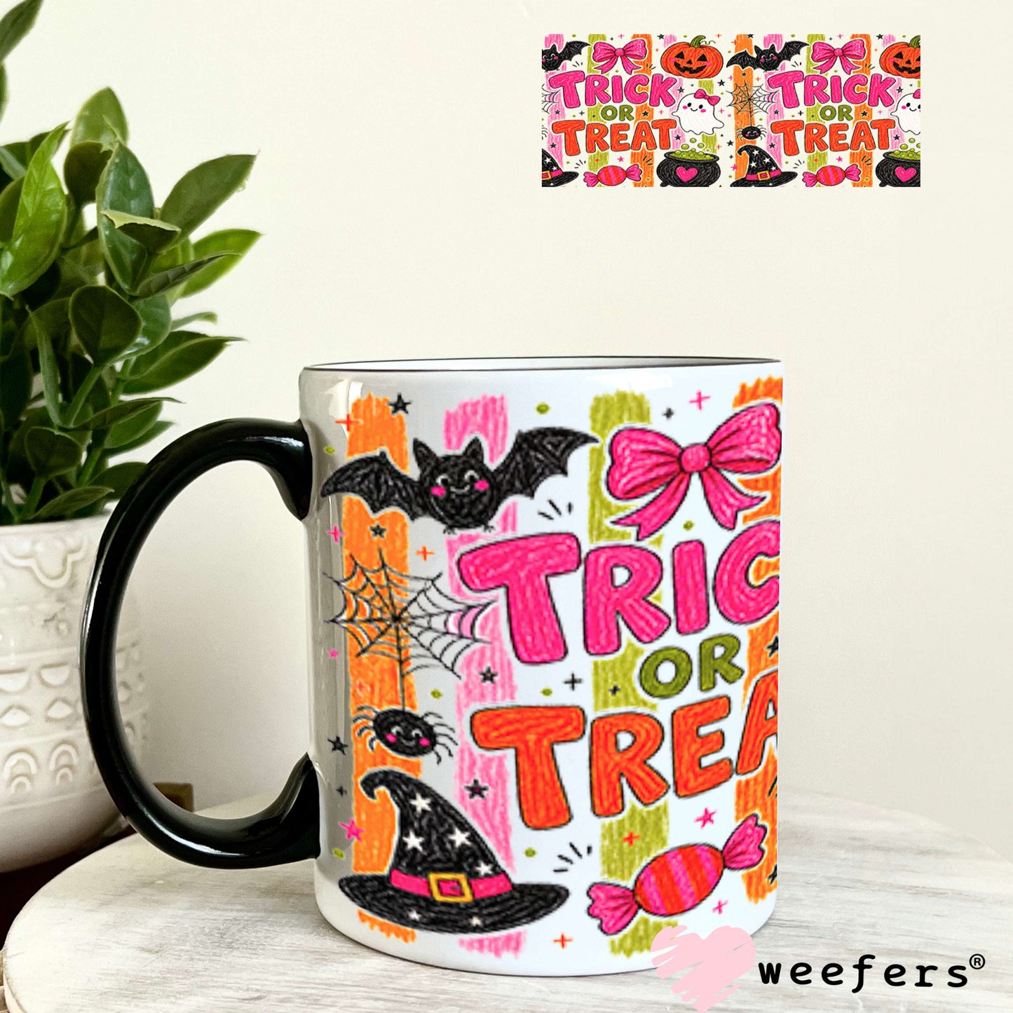 UV DTF Cup Wraps - Trick or Treat Pink Orange 11oz Coffee Mug Weefers