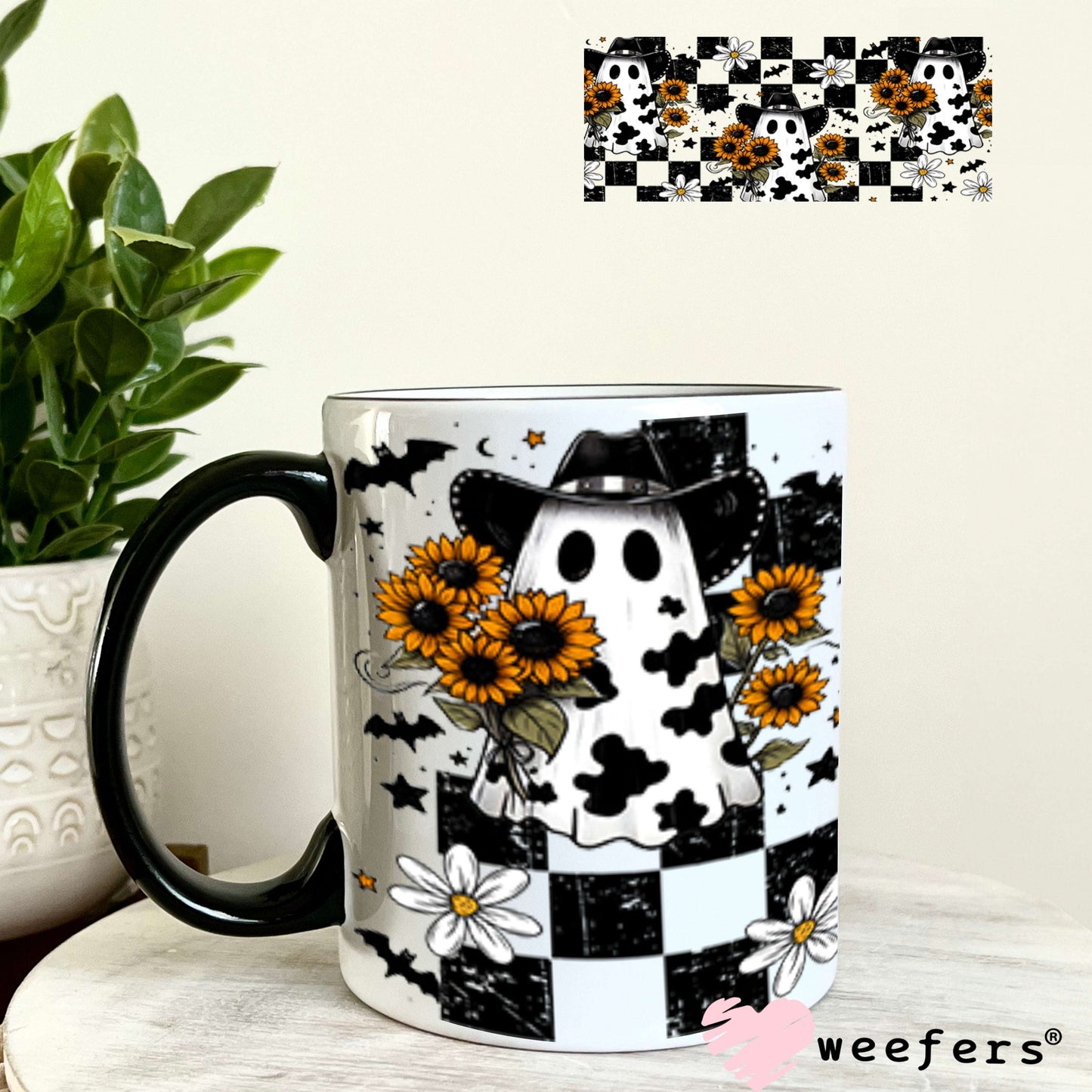 UV DTF Cup Wraps - Cowprint Ghosts Sunflowers - Weefers® Exclusive 11oz Coffee Mug Weefers