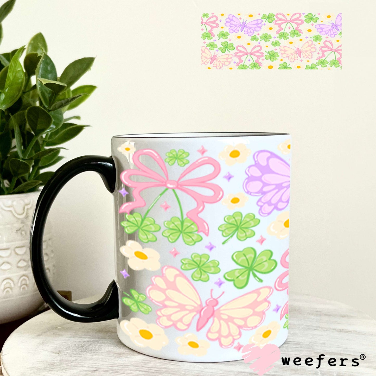 UV DTF Cup Wraps - Coquette Butterflies and Shamrocks 11oz Coffee Mug Weefers