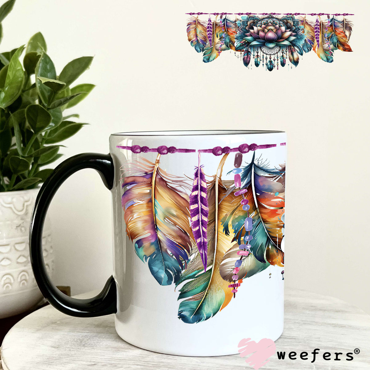 Teal Lotus Flower Feathers UV DTF Cup Wrap 11oz Coffee Mug Weefers