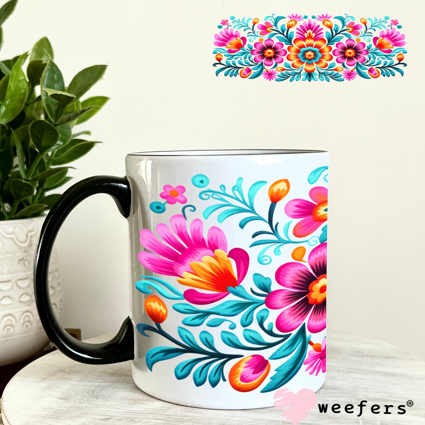 Colorful Mexican Flowers UV DTF Cup Wrap 11oz Coffee Mug Weefers
