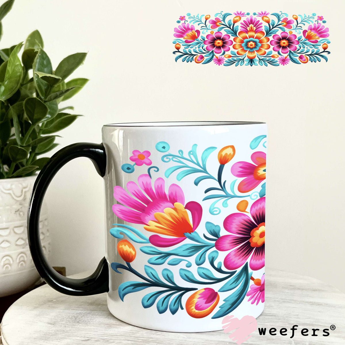 Colorful Mexican Flowers UV DTF Cup Wrap 11oz Coffee Mug Weefers