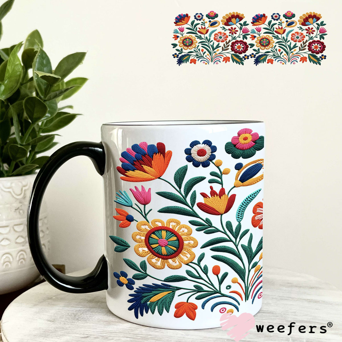 Colorful Faux Embroidered Mexican Flowers UV DTF Cup Wrap 11oz Coffee Mug Weefers