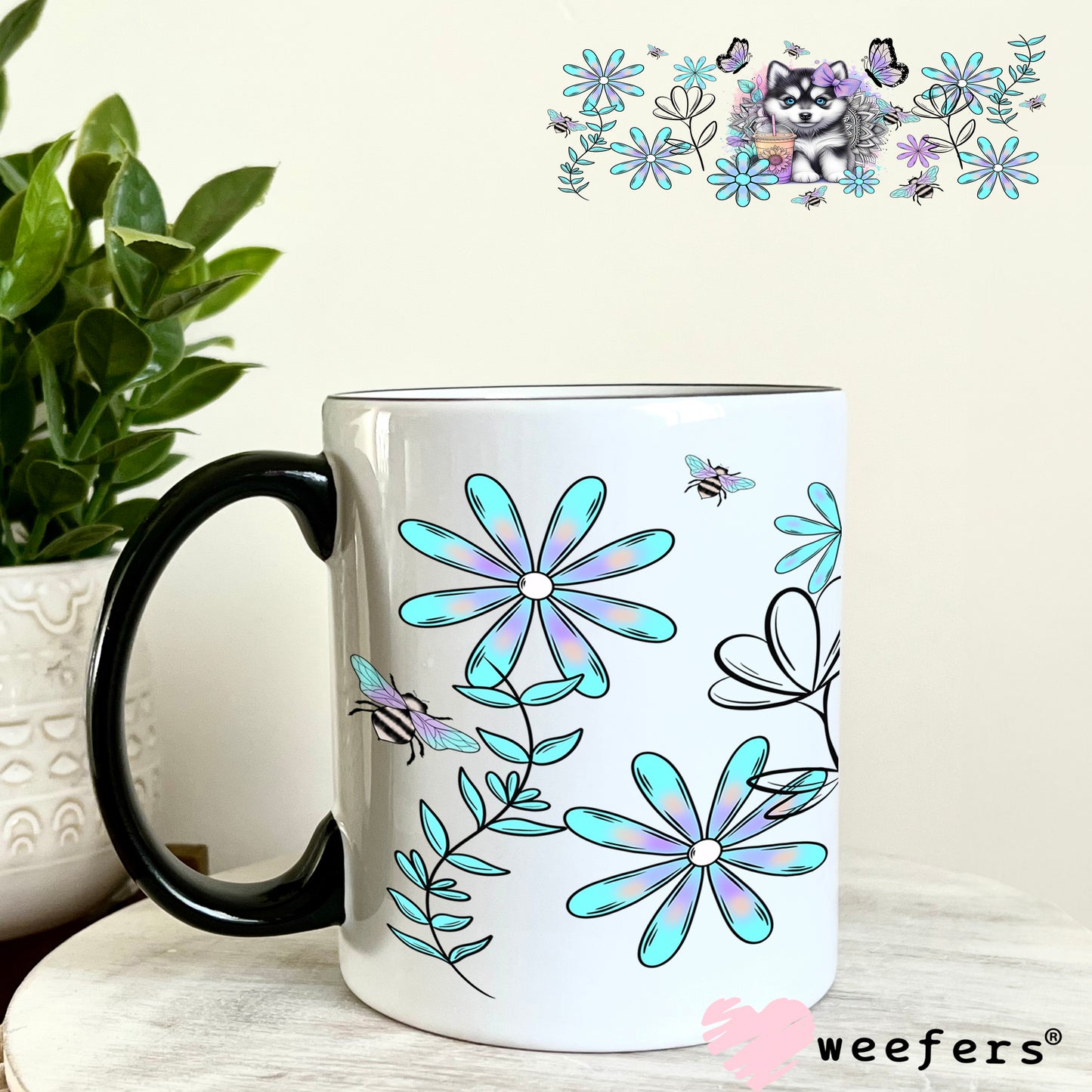 Husky Flowers UV DTF Cup Wrap 11oz Coffee Mug Weefers