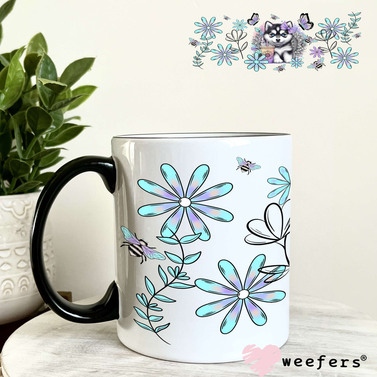 Husky Flowers UV DTF Cup Wrap 11oz Coffee Mug Weefers