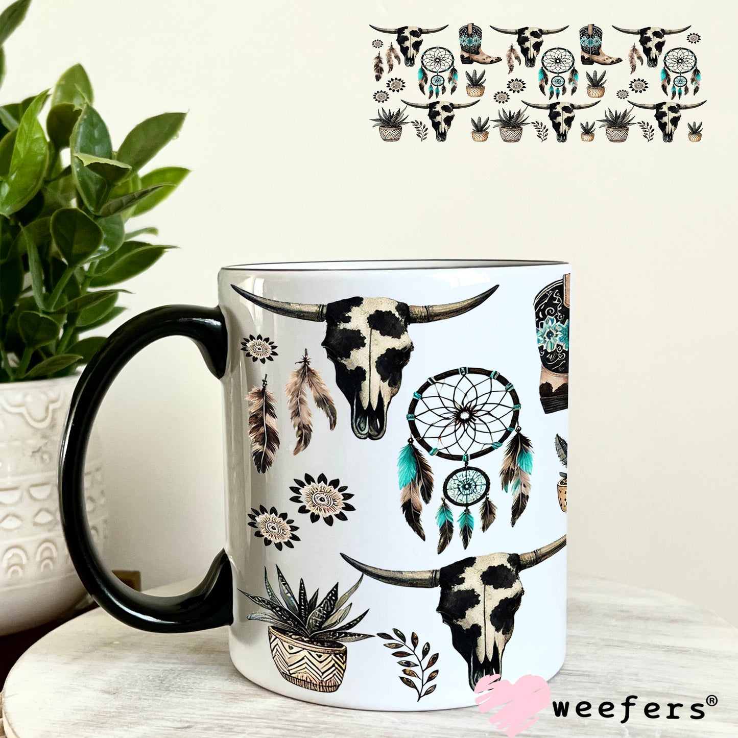 Western Cow Skulls and Dreamcatcher UV DTF Cup Wrap 11oz Coffee Mug Weefers