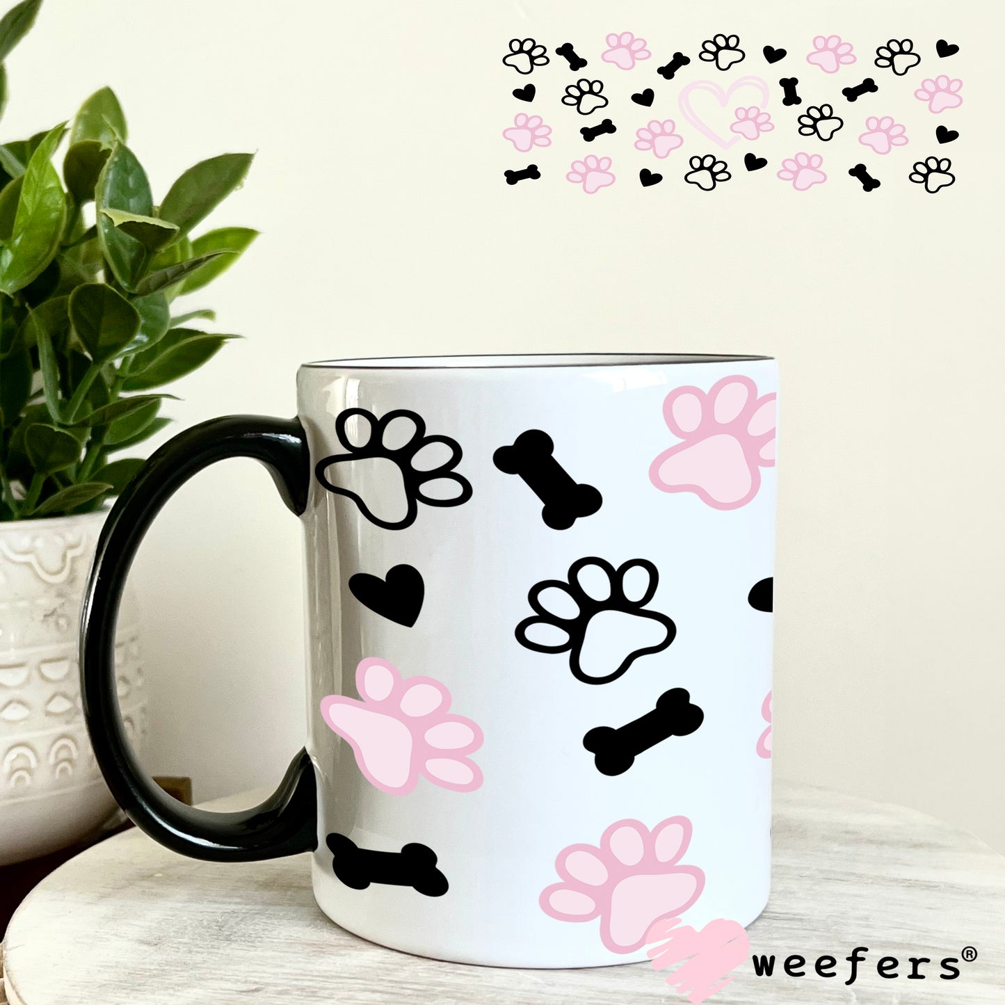 Dog Paws and Bones Pink and Black UV DTF Cup Wrap 11oz Coffee Mug Weefers