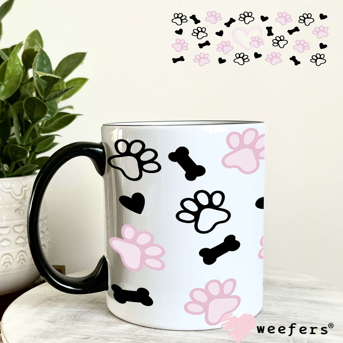 Dog Paws and Bones Pink and Black UV DTF Cup Wrap 11oz Coffee Mug Weefers