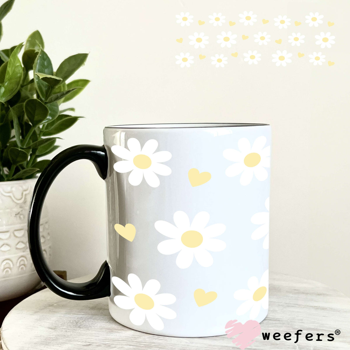White Daisies Yellow Hearts UV DTF Cup Wrap 11oz Coffee Mug Weefers